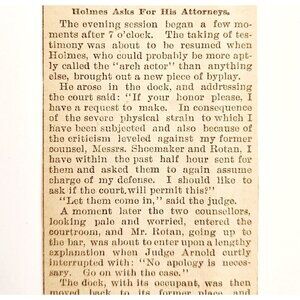 1895 H.H. Holmes As Attorney Article Worlds Fair Serial Killer Victorian F13J